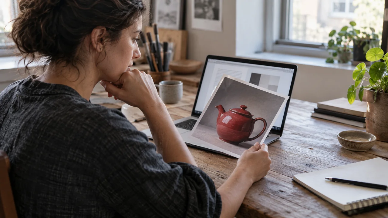 An adult designer studies a photograph of a red ceramic teapot beside a laptop with an abstract text editor.