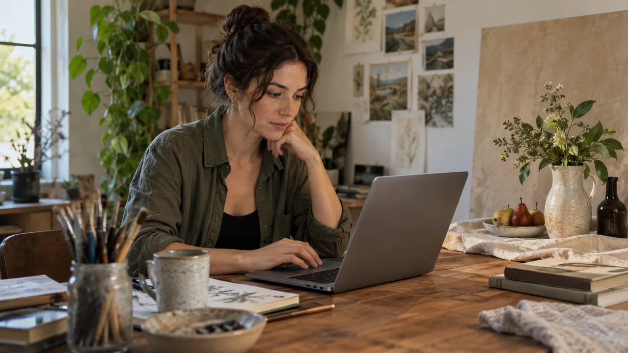 An adult illustrator reviews descriptive text on a laptop beside a still life photograph, no readable text.