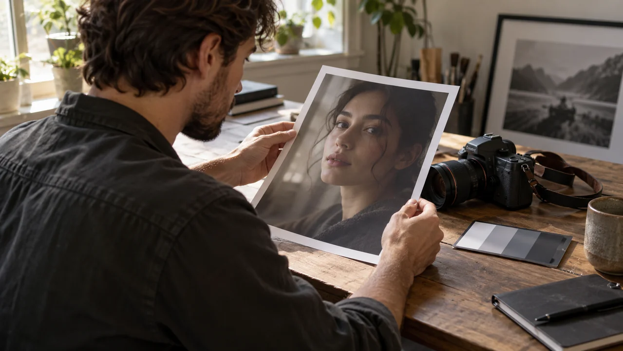 A photographer examines a softly lit portrait print beside a camera and a gray color card.