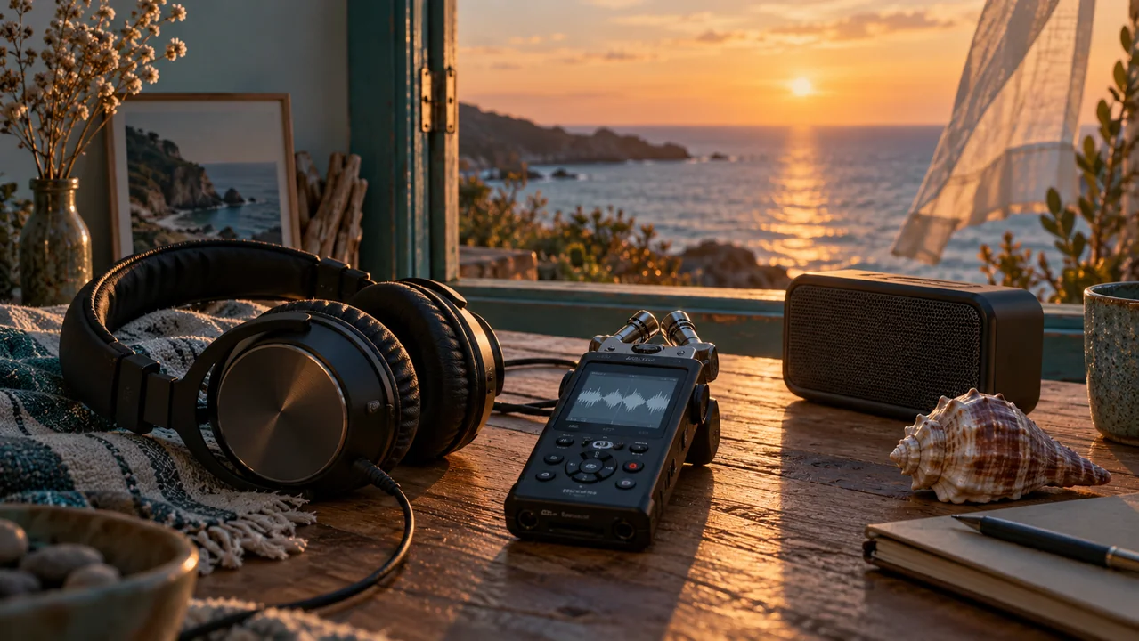 Headphones, an audio recorder and a speaker on a seaside desk at sunset.