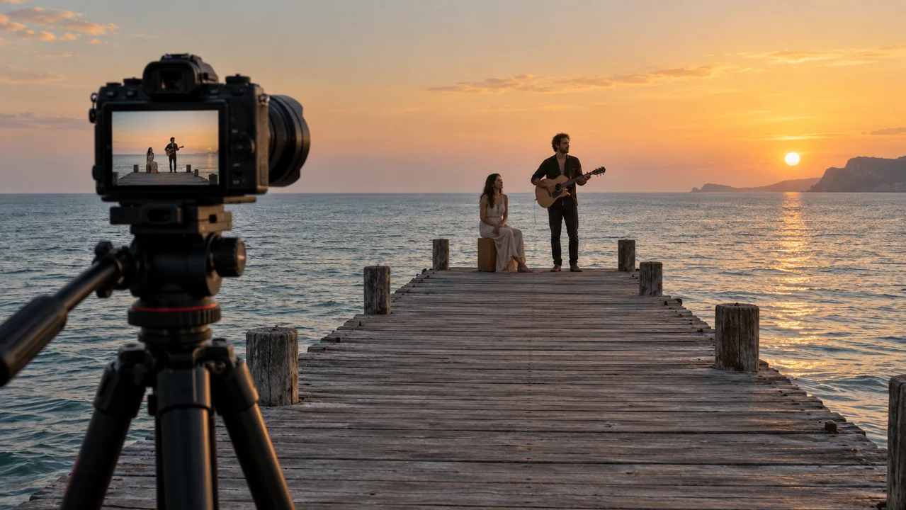 A tripod camera frames a seated woman and a standing guitarist on a wide pier.
