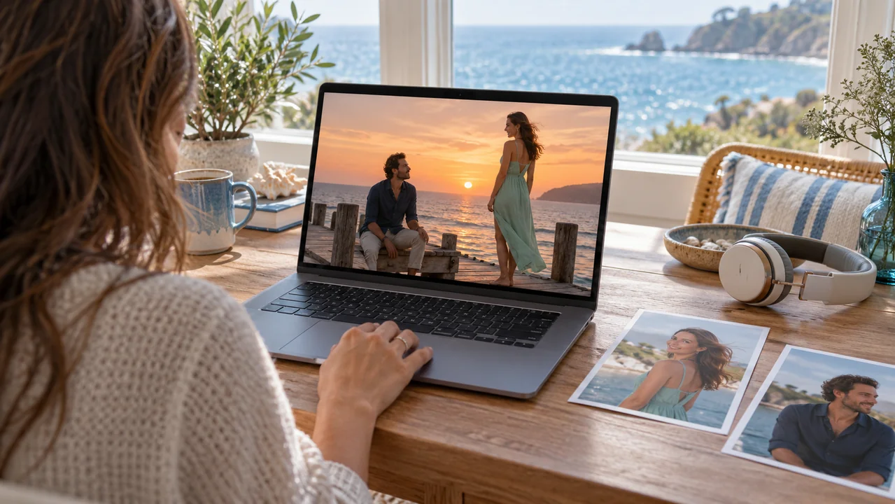 A creator reviews a seaside duet on a laptop beside two portrait prints.