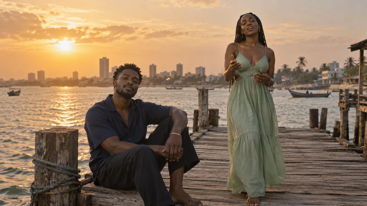 Two fictional adults perform on a wooden pier beside calm coastal water.