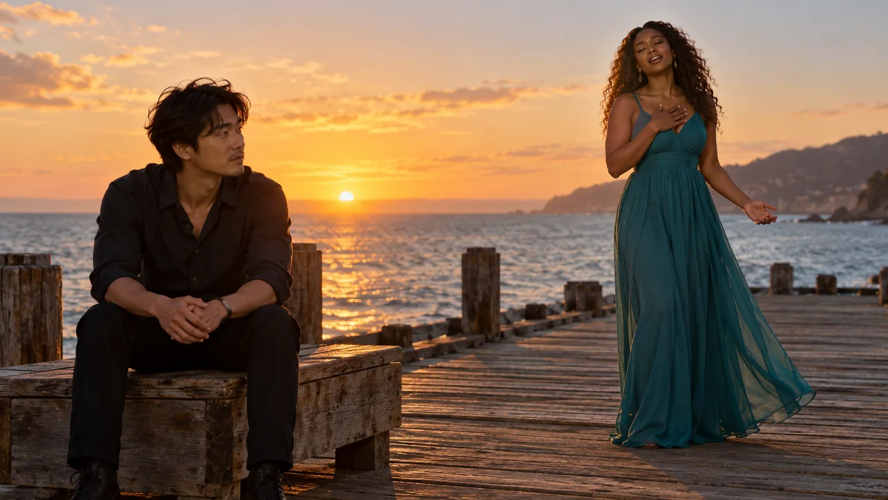 A seated fictional man listens while a fictional woman stands on a sunset pier.