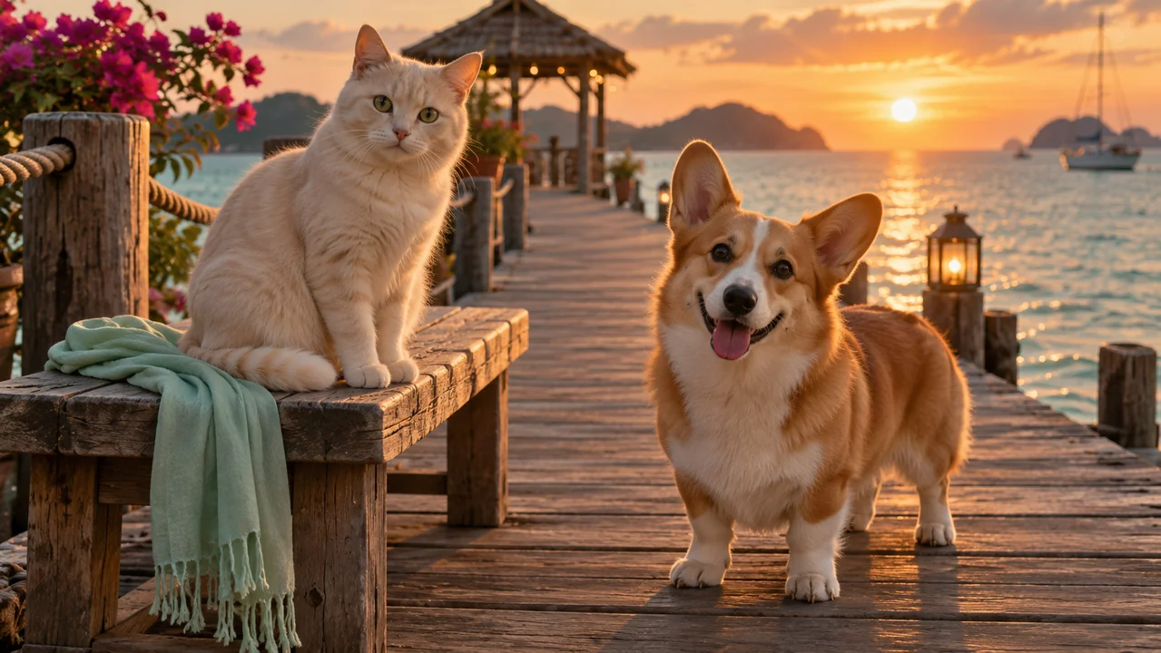 A cream cat on a low bench and a corgi on a wooden pier at sunset.