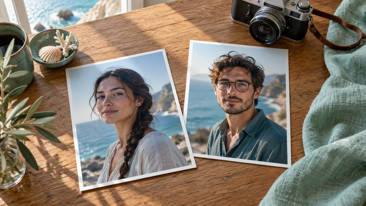 Two separate portrait photographs on a wooden desk beside a camera and mint fabric.