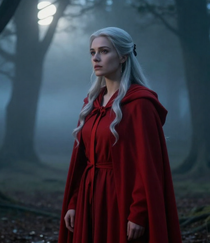 Woman in a red cloak in a misty forest