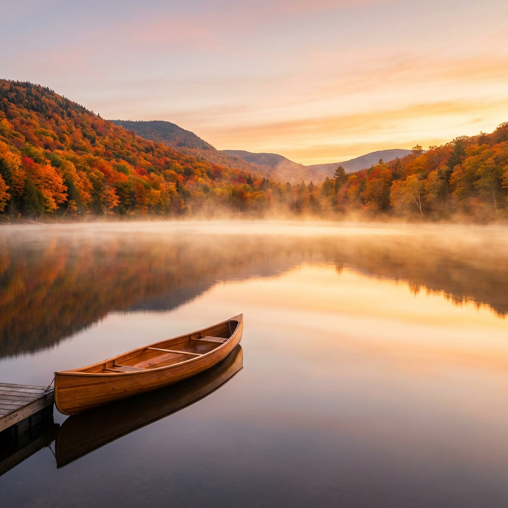 Canoe on a calm lake at sunset