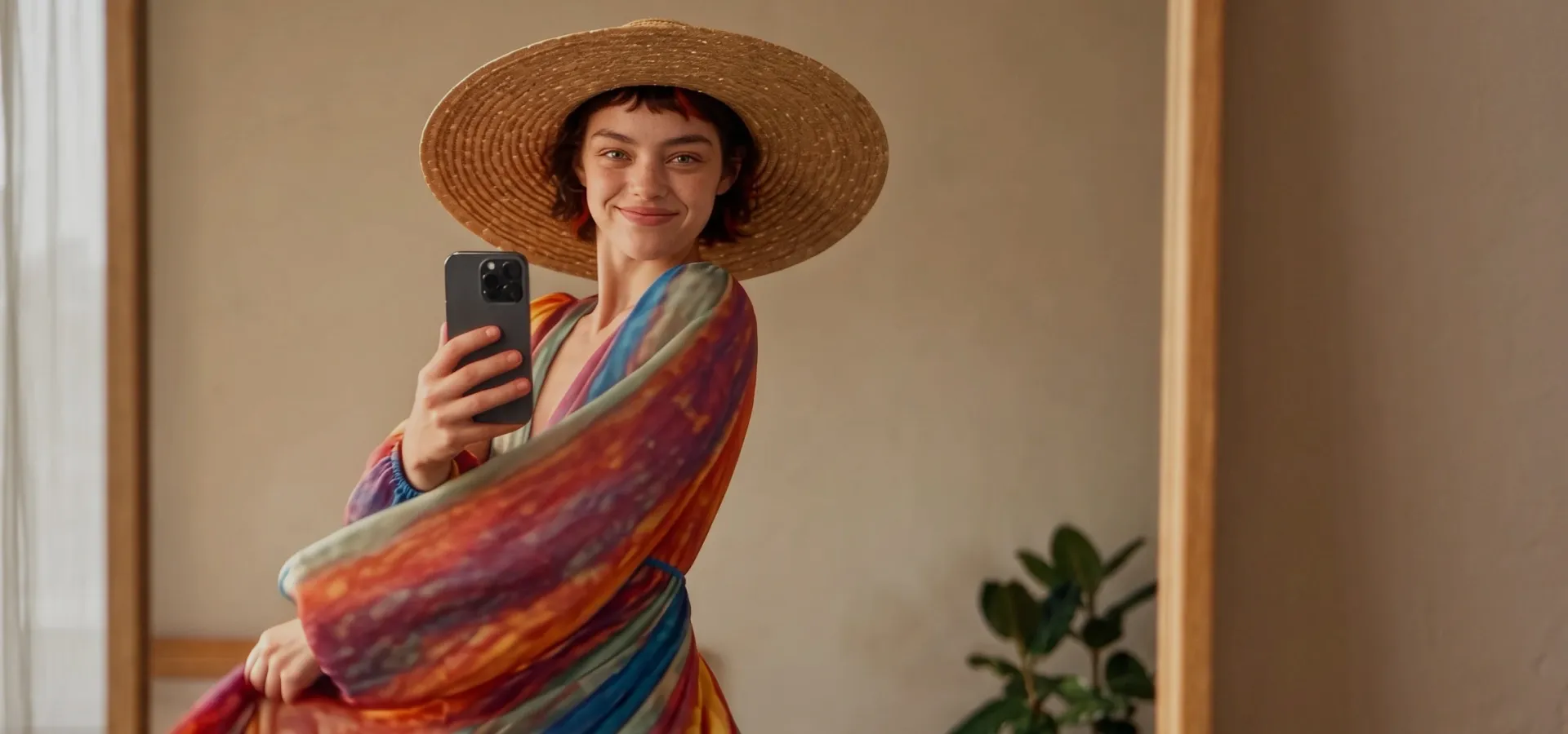 Fashion portrait with a colorful wrap and wide-brimmed hat