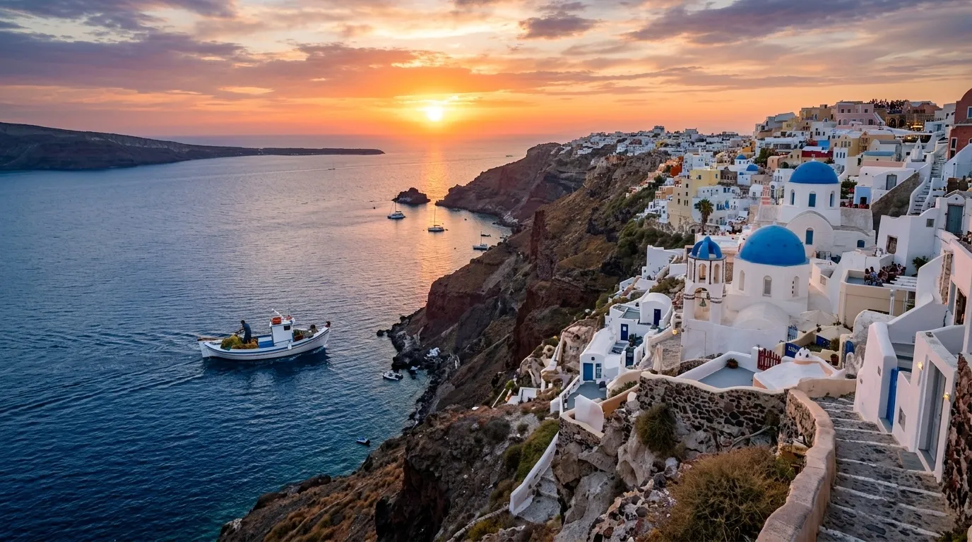 Santorini coastline at sunset