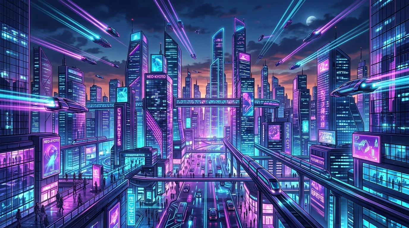 Colorful illustration of a futuristic city
