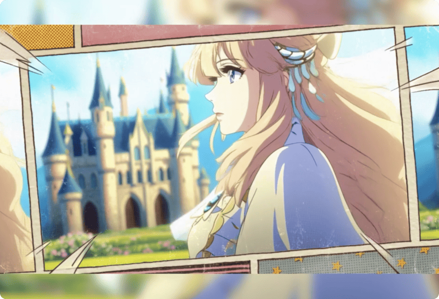 Animated woman in an illustrated scene.