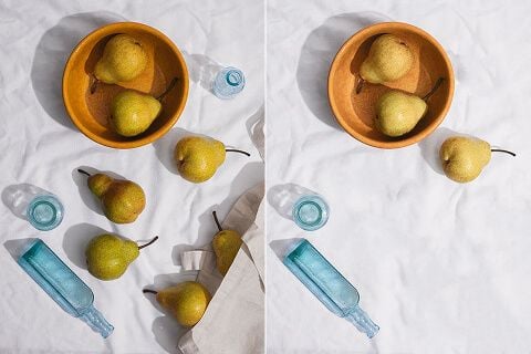 Product photograph before and after removing distracting objects.