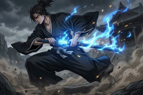 Anime character with a glowing sword.