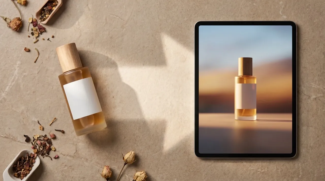 Perfume bottle and tablet arranged for an advertisement.