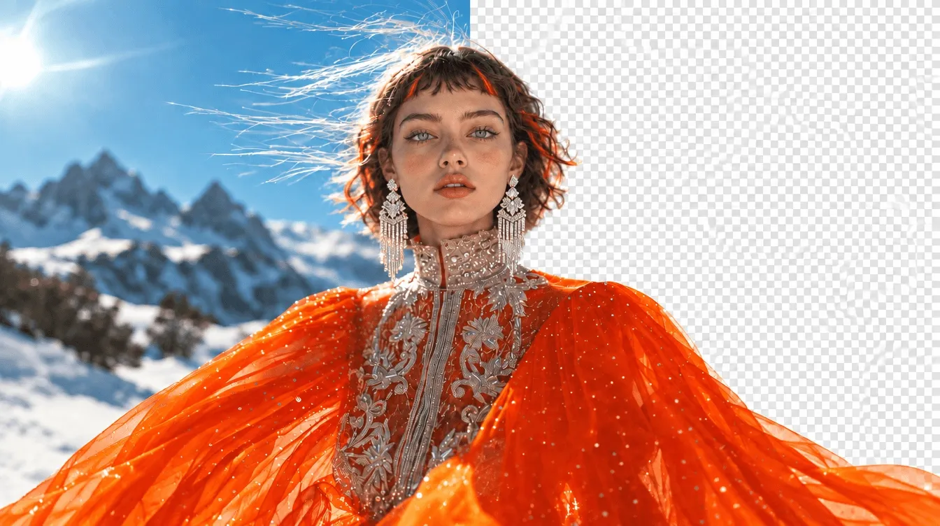 Woman in an orange dress isolated from a mountain background.