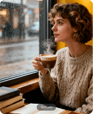 Woman drinking beside a window in the original scene.