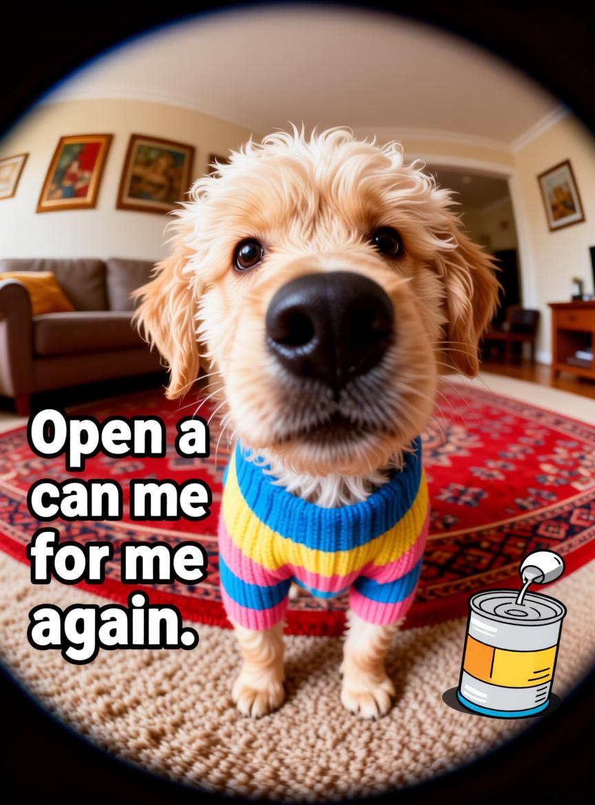 A Dog Wearing A Colorful Sweater Looks Up In A Cozy Living Room Setting