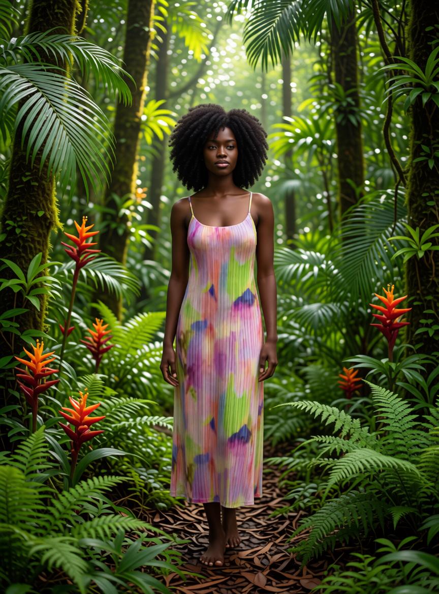 A Woman Stands Gracefully In A Lush Vibrant Tropical Forest Surrounded By Greenery And Colorful Flowers