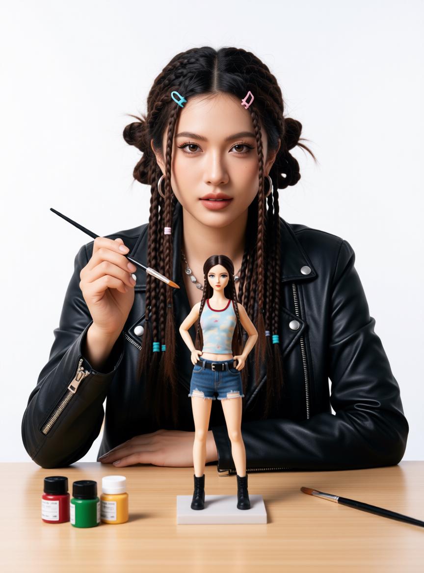 A Woman Seated At A Table Works On Painting A Figurine Surrounded By Art Supplies In A Studio Setting