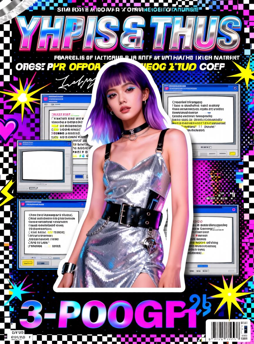 A Woman In A Futuristic Silver Outfit Stands Against A Colorful Retro-Inspired Digital-Themed Background