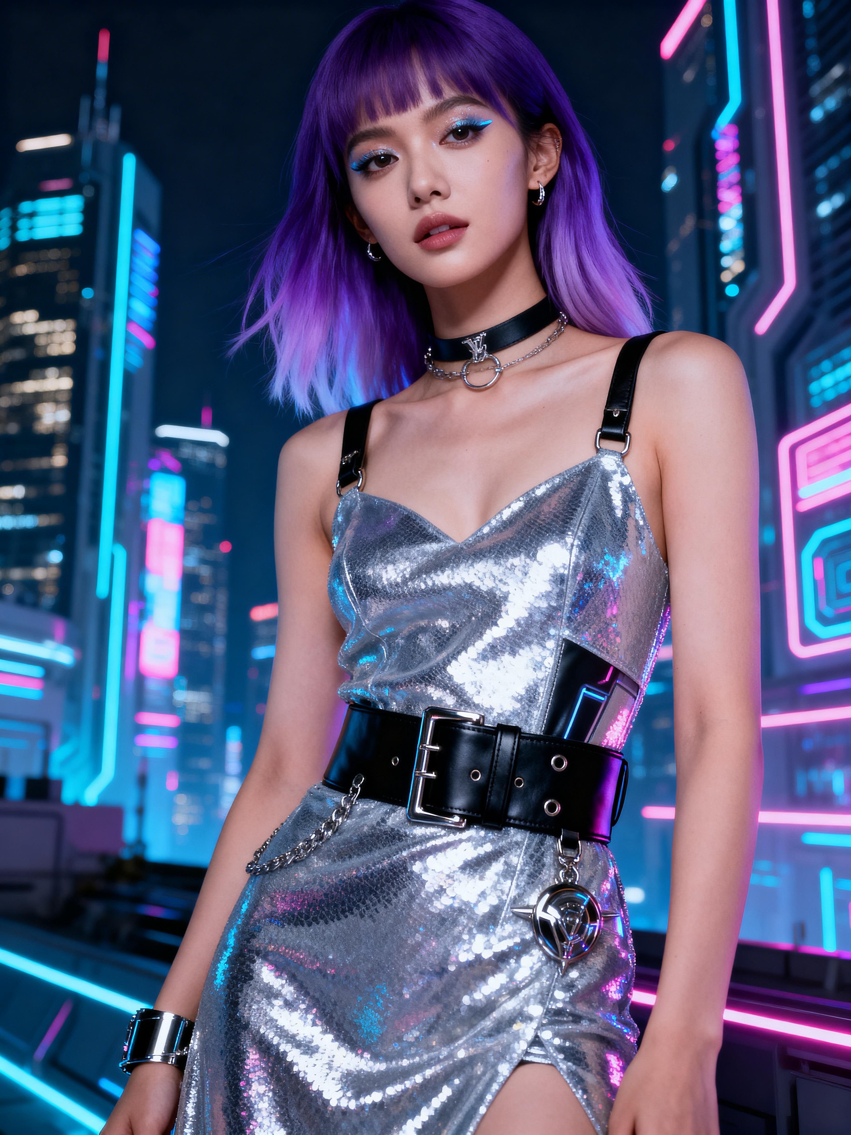 A Woman In A Futuristic Silver Outfit Stands Against A Colorful Retro-Inspired Digital-Themed Background before