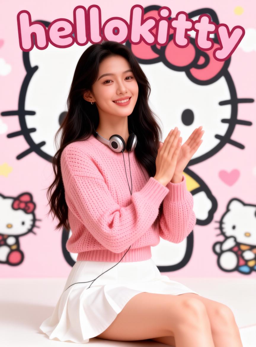 A Woman Dressed In A Pink Sweater And White Skirt Poses In Front Of A Colorful Hello Kitty-Themed Backdrop