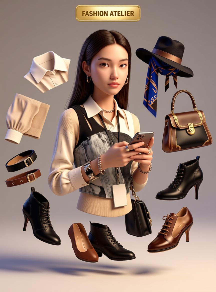 A Woman Stands In A Stylish Studio Setting Surrounded By Elegant Fashion Accessories And Clothing Items