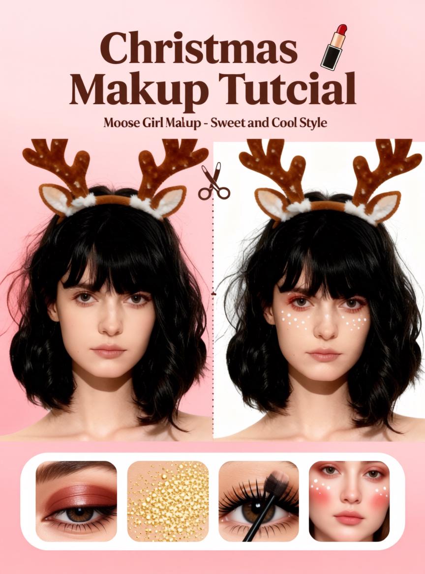 A Woman Wearing Reindeer Antlers Is Featured In A Festive Christmas Makeup Tutorial Set Against A Pink And White Background