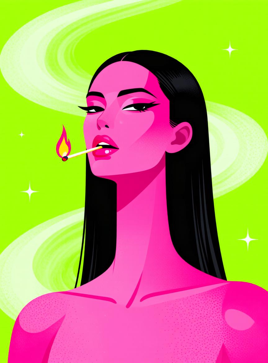 A Stylized Illustration Of A Woman With Vibrant Pink Skin And Long Black Hair Set Against A Bright Green Background Featuring Swirling Patterns