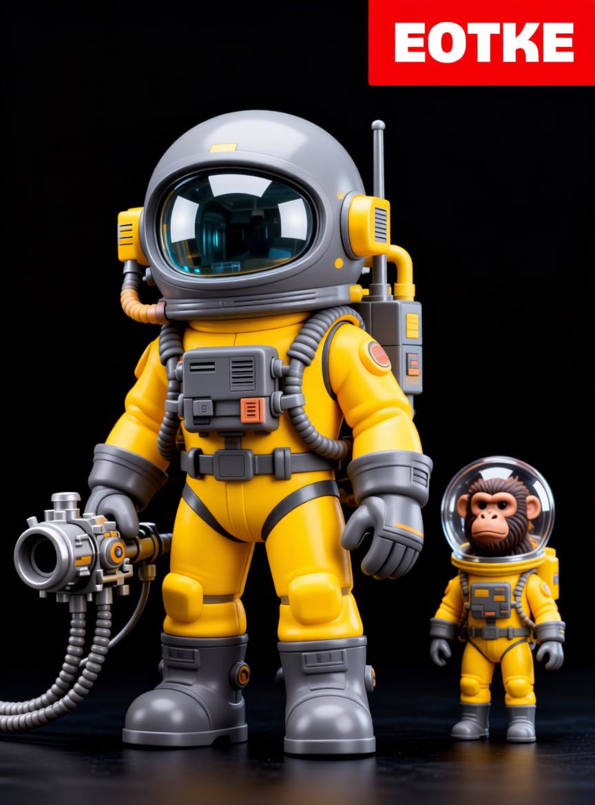 A Futuristic Scene Featuring A Large Astronaut Figure In A Yellow Spacesuit Holding Advanced Equipment Alongside A Smaller Astronaut Figure Set Against A Sleek Black Background