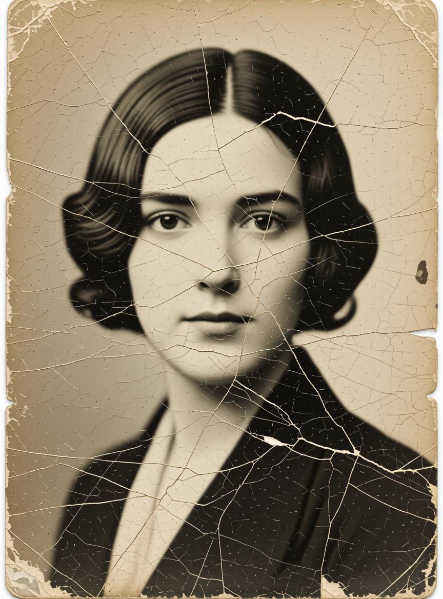 A Vintage Photograph Featuring A Woman In Formal Attire Set Against A Textured And Aged Backdrop