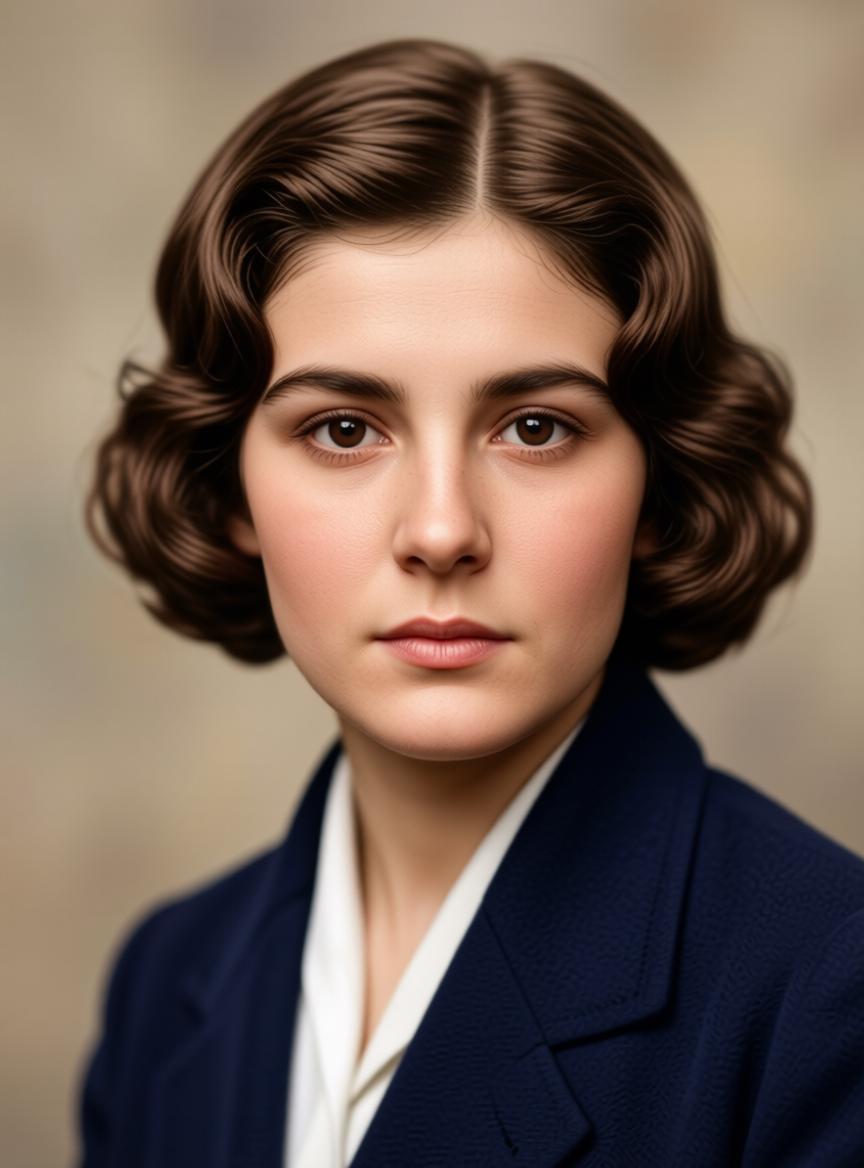 A Woman Dressed In A Formal Outfit Is Photographed Against A Neutral Studio Background