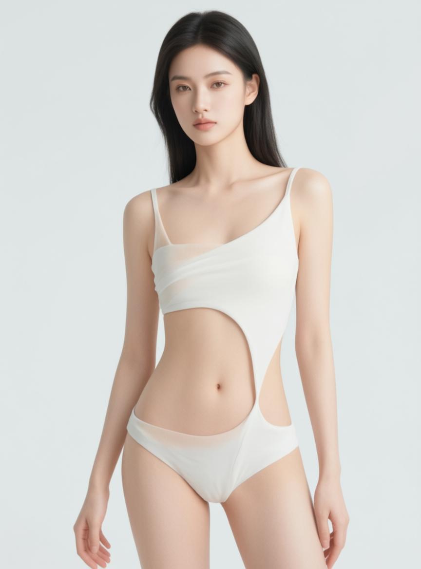 A Woman Is Posing In A Stylish White Outfit Against A Plain Light Background