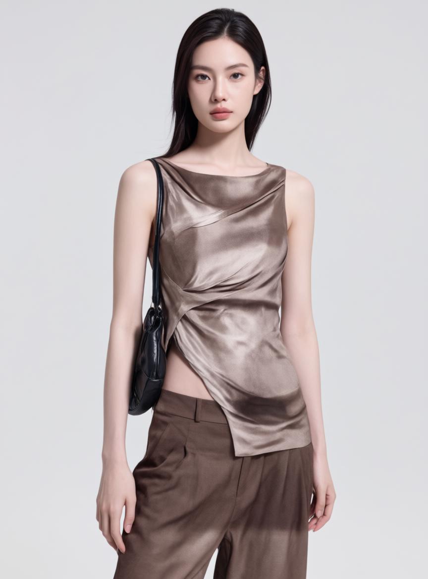 A Woman Dressed In A Stylish Satin Top And Trousers Poses Against A Simple Neutral Background