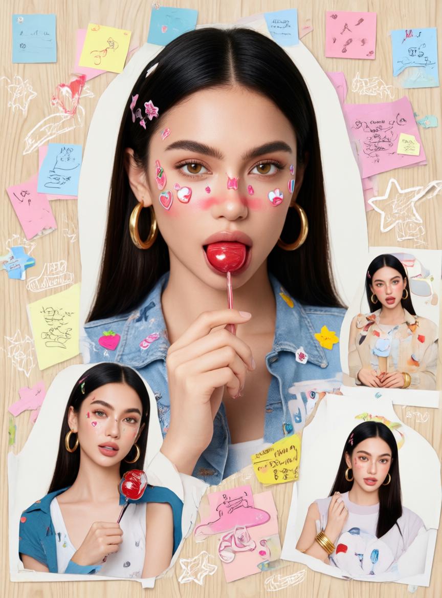 A Woman Is Featured In A Playful And Creative Setting With Colorful Sticky Notes And Doodles On A Wooden Background Holding A Lollipop
