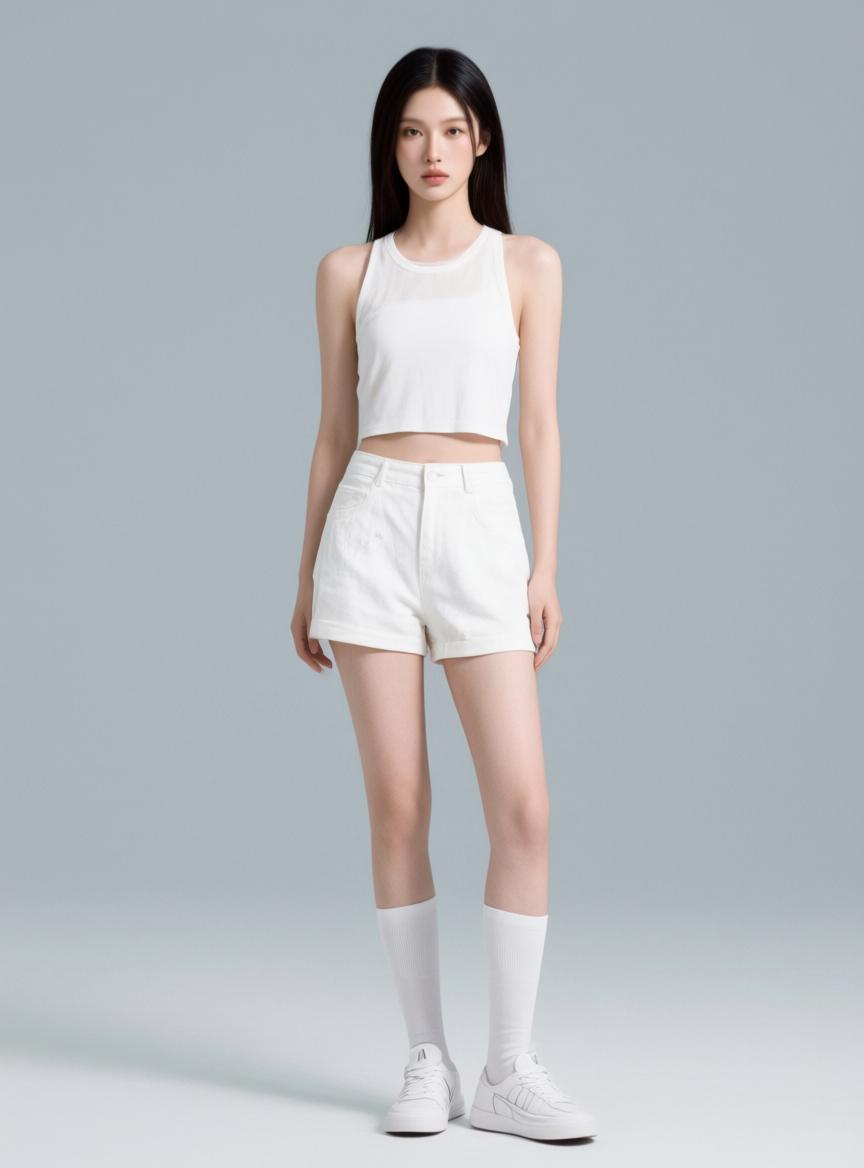 A Woman Stands Confidently In A Minimalist Studio Setting Dressed In An All-White Casual Outfit