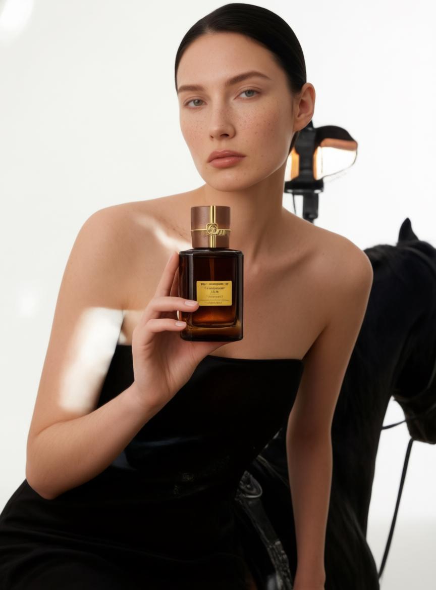 A Woman In An Elegant Black Dress Holds A Bottle Of Perfume While Seated Near A Horse In A Minimalist Setting