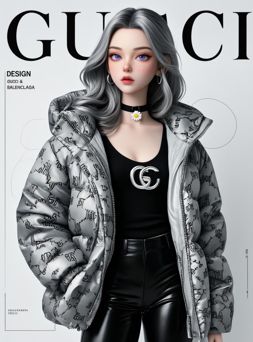 A Stylish Woman Is Showcased In A Sleek Modern Outfit Featuring A Silver Designer Jacket And Leather Pants Against A Fashion-Themed Backdrop