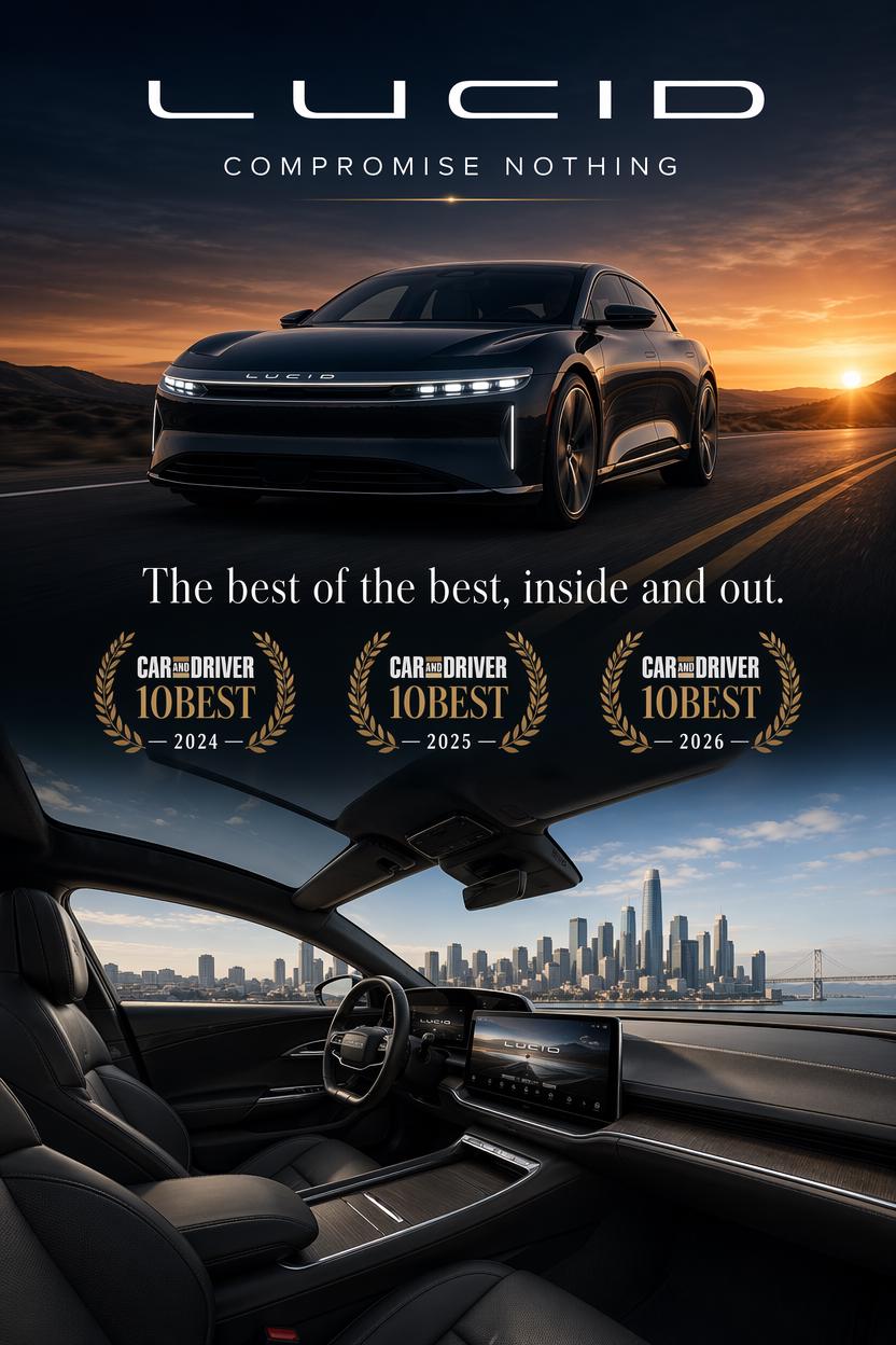 This image is a sleek, high-end promotional poster for Lucid, combining exterior performa...