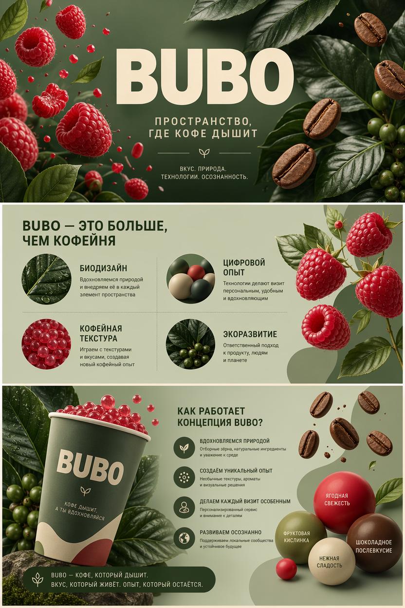 This image is a stylized promotional infographic/poster for a brand called BUBO, designed...