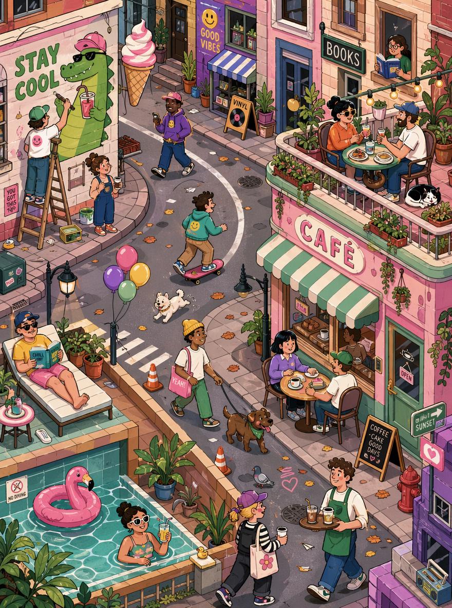 This image is a lively, colorful cartoon city scene shown from an angled top-down view, p...