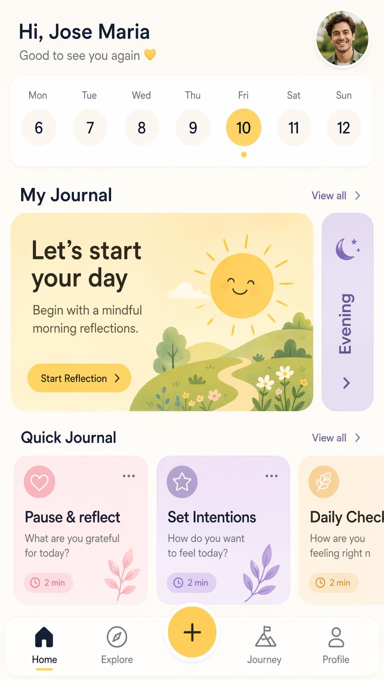 This image shows a clean, modern mobile app interface for a journaling or mindfulness app...