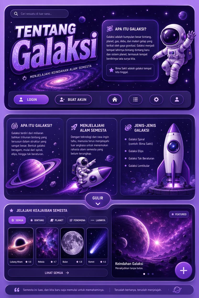 This image is a space-themed UI/web design concept presented in a bold purple monochrome...