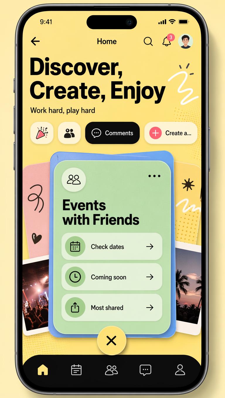 This image shows a modern mobile app home screen displayed inside a smartphone frame, wit...