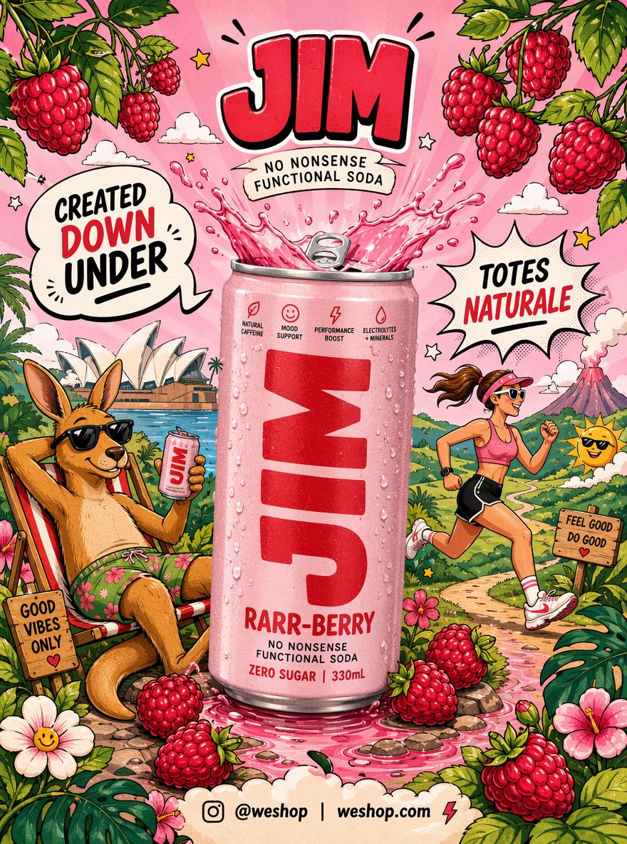 This image is a bright, playful beverage advertisement centered around a can of JIM funct...