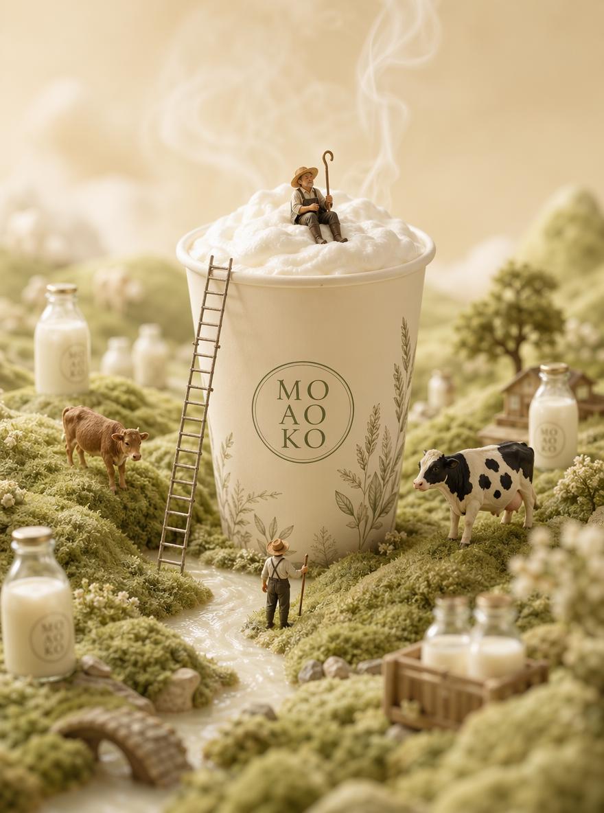 This image is a charming miniature fantasy dairy scene built around a large takeaway cup...