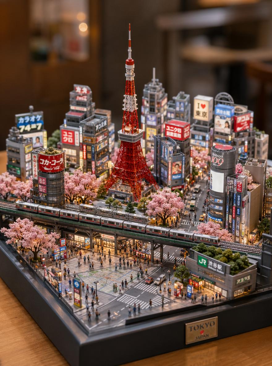This image shows a highly detailed miniature city diorama inspired by Tokyo, presented li...