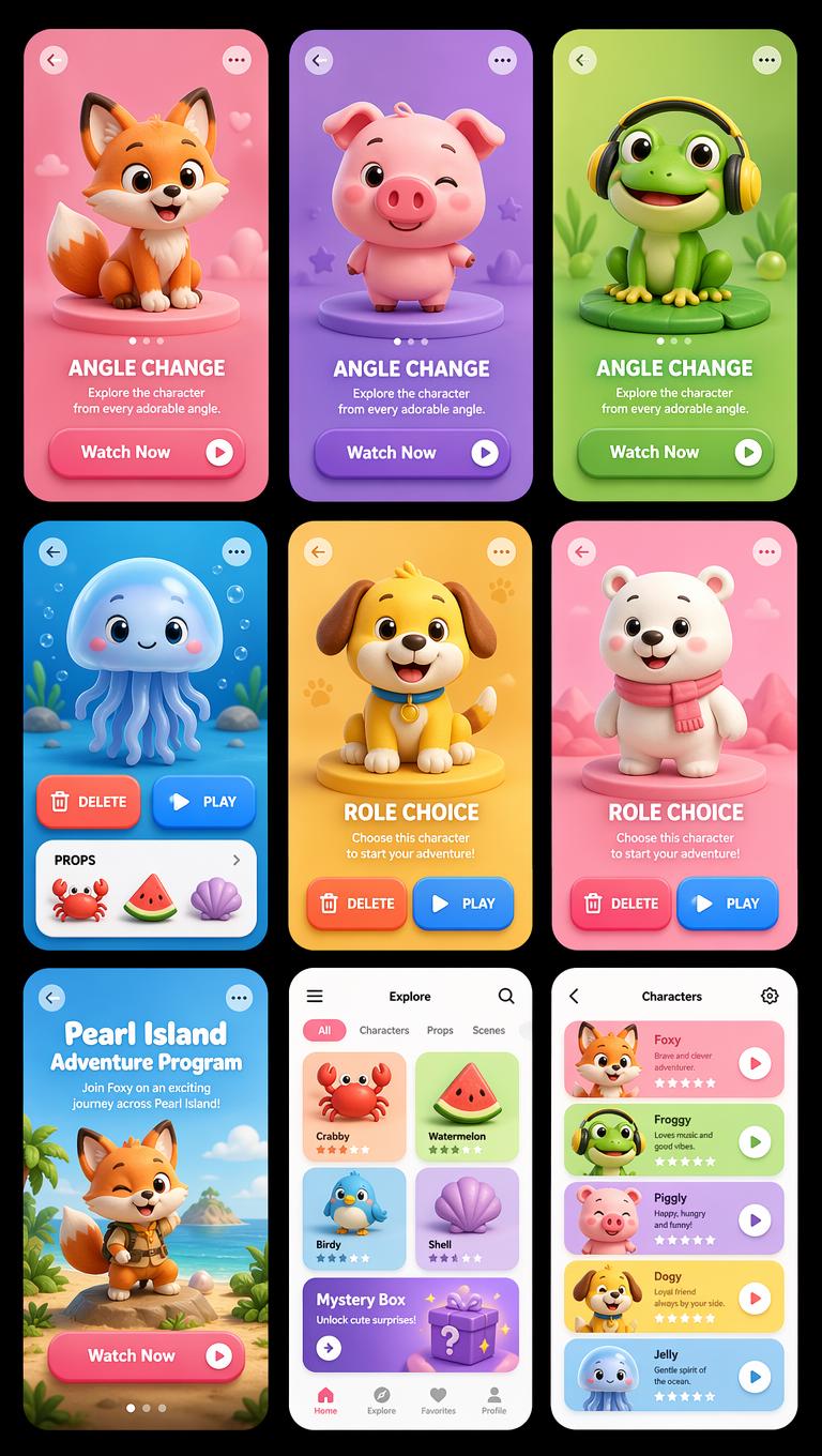 This image is a mobile app UI concept board featuring a collection of nine colorful smart...