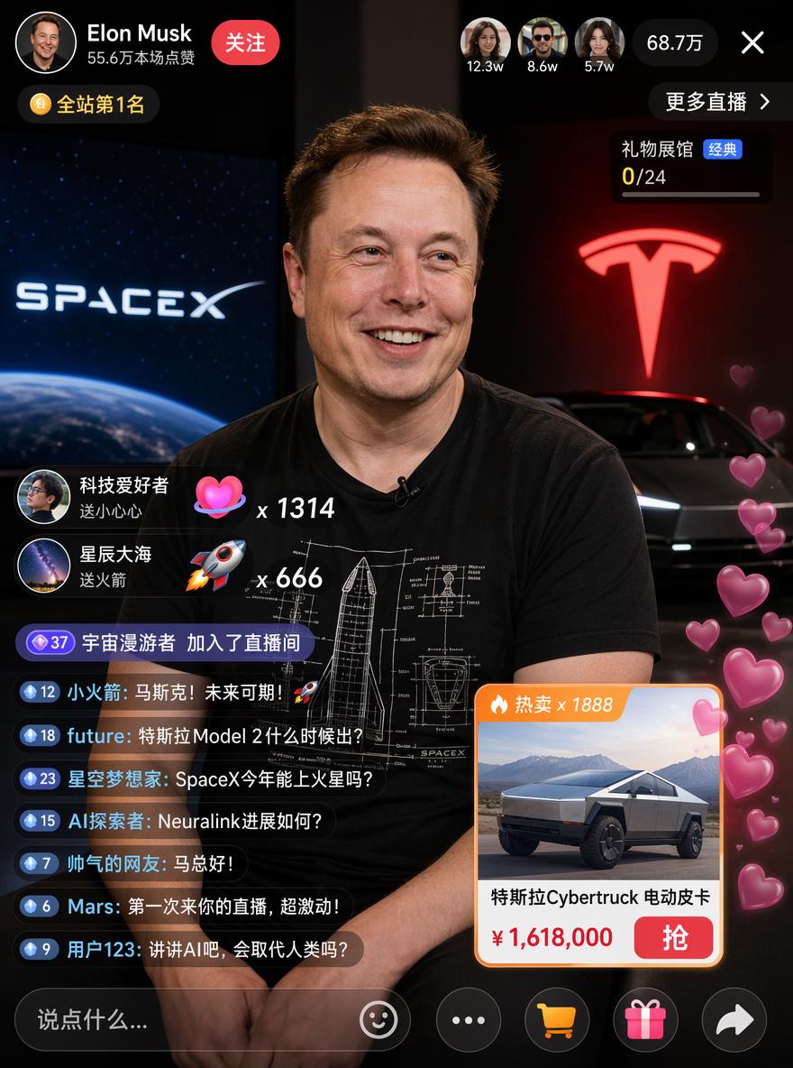 live stream UI mockup portrait of {argument name="host name" default="Elon Musk"}, smilin...